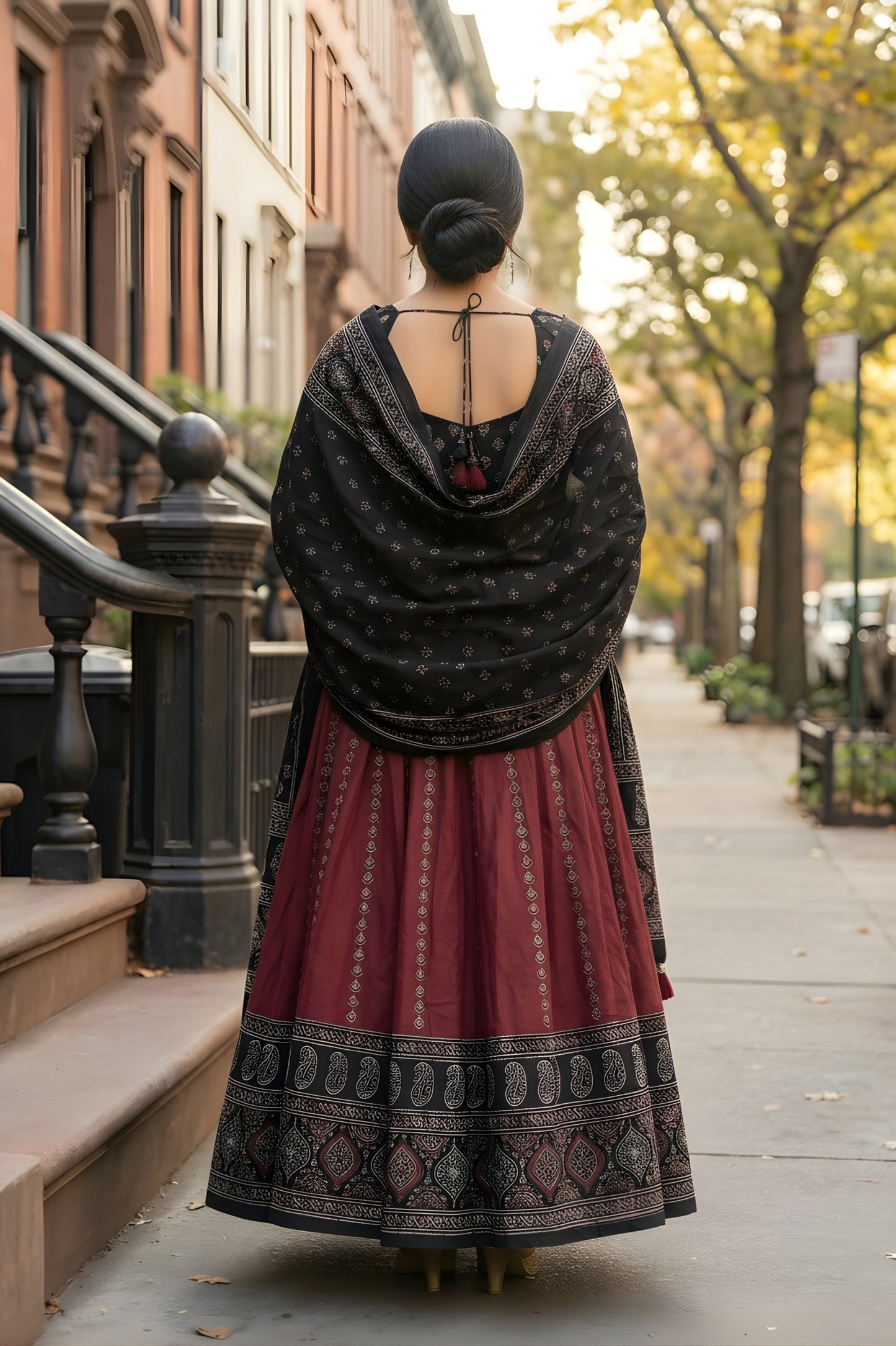 Stylish Maroon and Black Cotton Rayon Printed Lehenga Choli with Dupatta