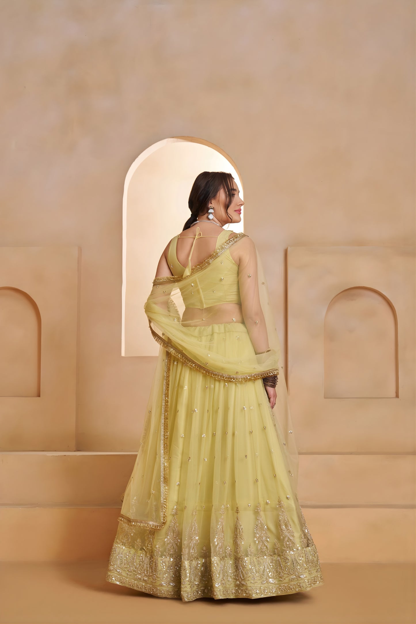 Stylish Yellow Butterfly Net Embroidered Lehenga Choli with Dupatta for Women