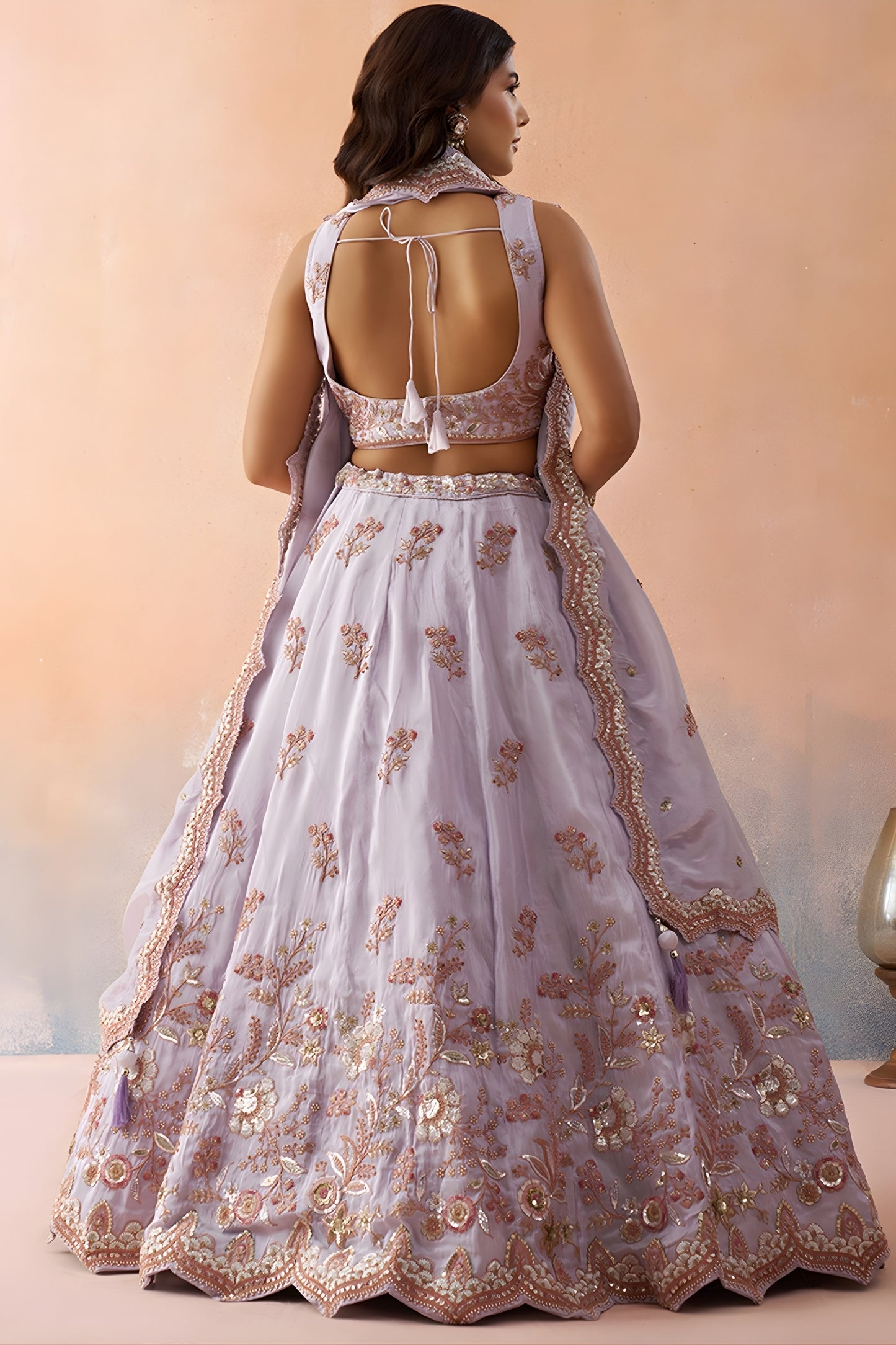 Elegant Lavender Tissue Semi-Stitched Embroidered Lehenga Choli with Dupatta