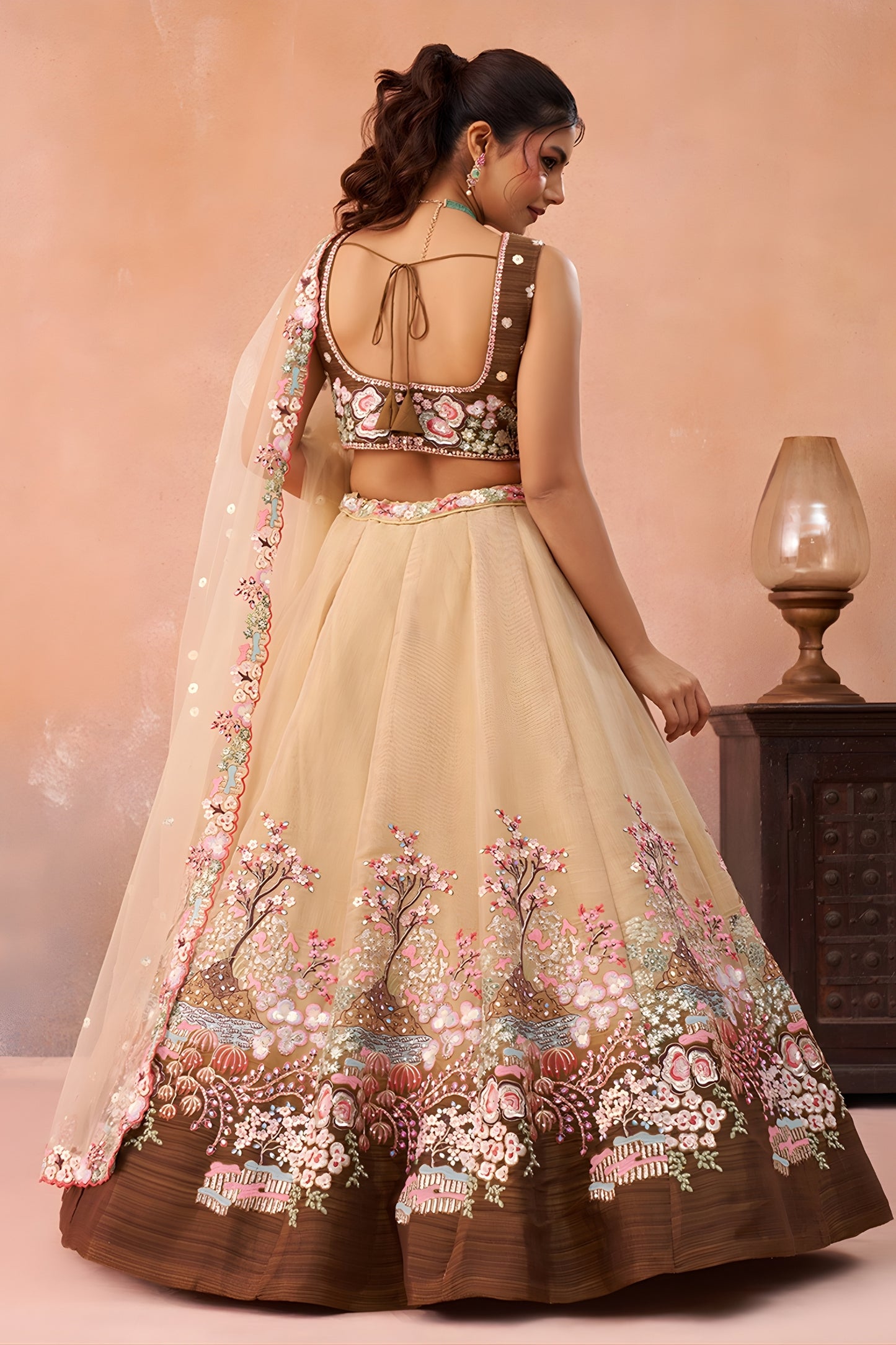 Trendy Beige and Brown Semi-Stitched Net Embroidered Lehenga Choli with Dupatta