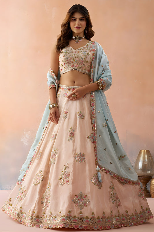 Lovely Peach Tissue Semi-Stitched Embroidered Lehenga Choli with Sky Blue Dupatta