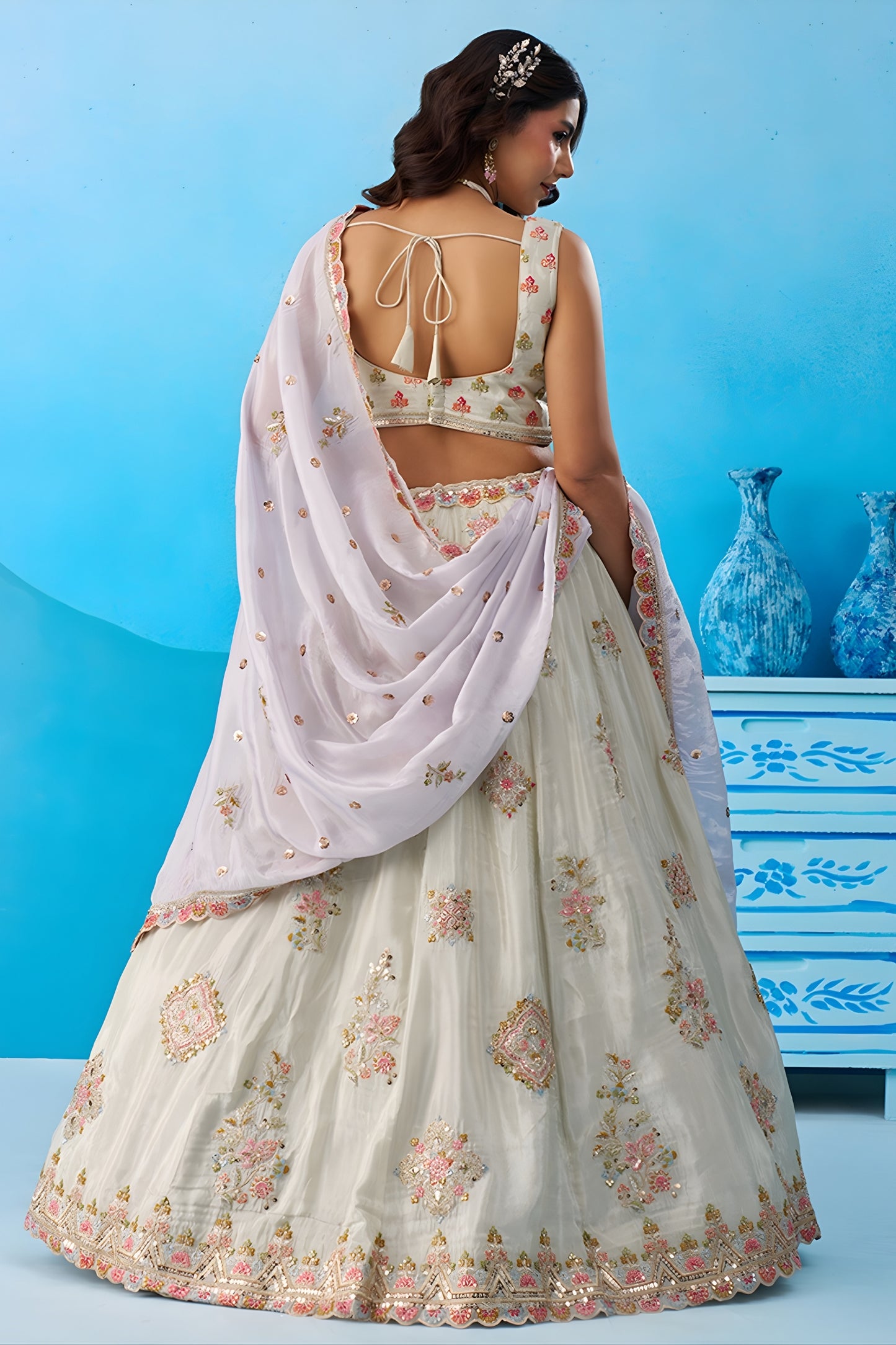 Admiring Off White Semi-Stitched Embroidered Lehenga Choli with Lavender Dupatta