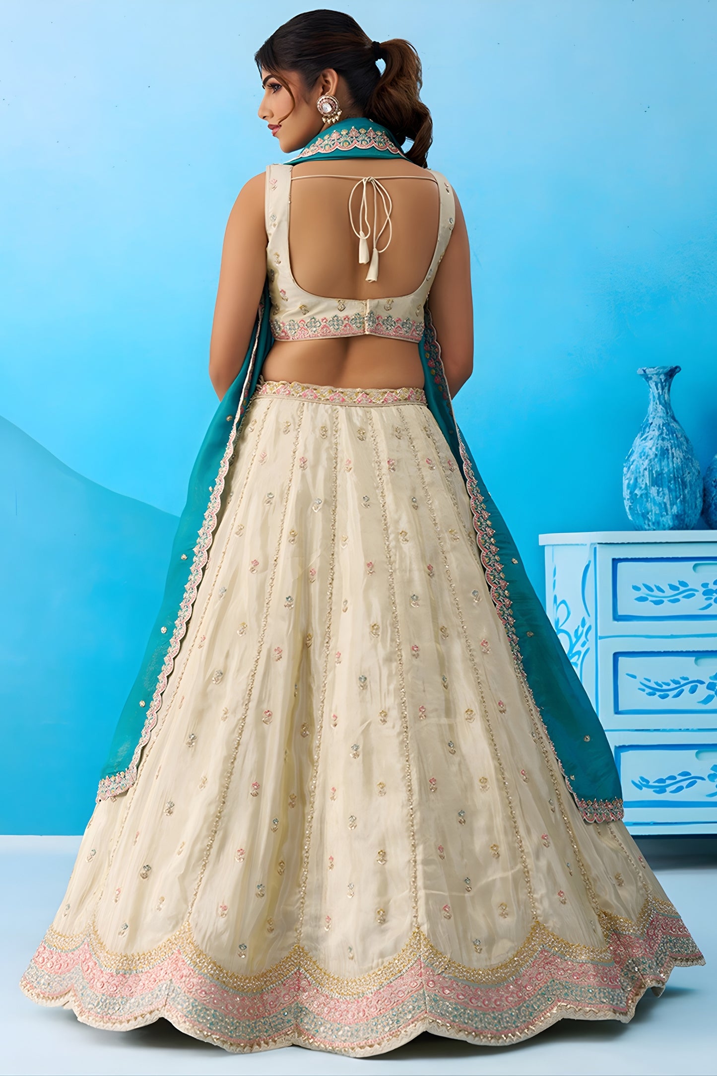 Traditional Cream Semi-Stitched Embroidered Lehenga Choli with Teal Green Dupatta