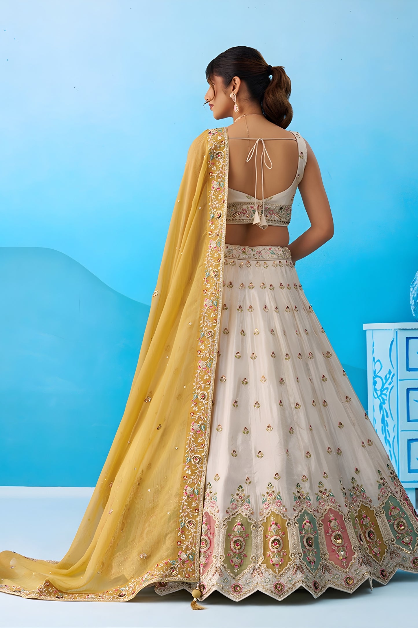 Amazing Cream Semi-Stitched Embroidered Lehenga Choli with Mustard Yellow Dupatta