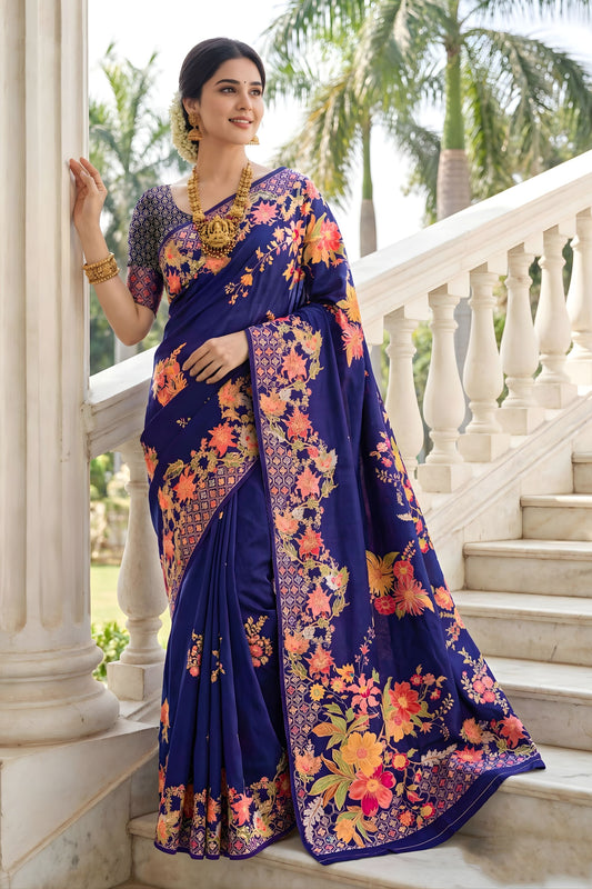 Navy Blue Floral Silk Saree with Designer Border Traditional Saree