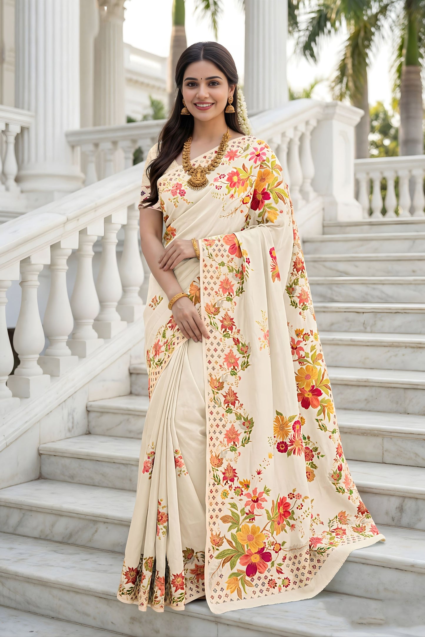 Elegant Cream Floral Printed Cotton Saree with Traditional Border
