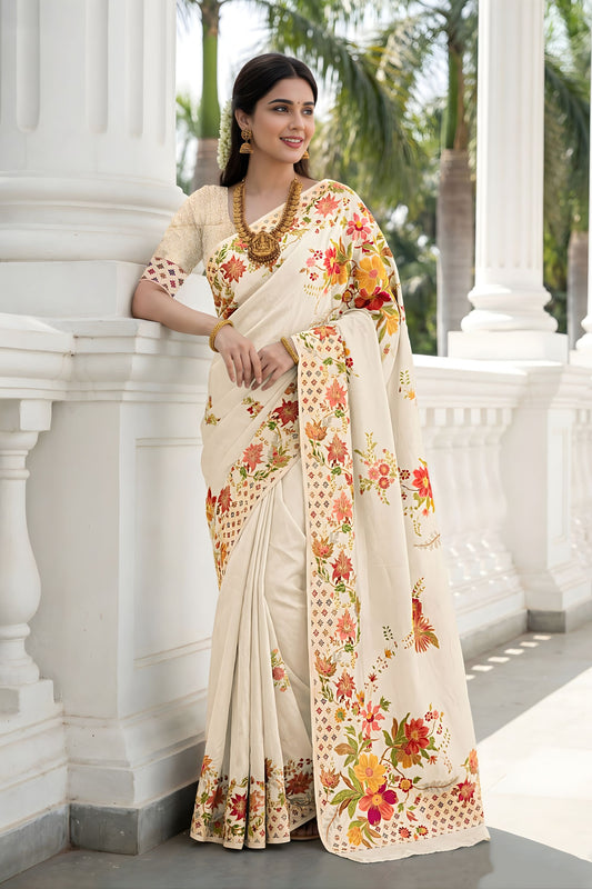 Elegant Cream Floral Printed Cotton Saree with Traditional Border