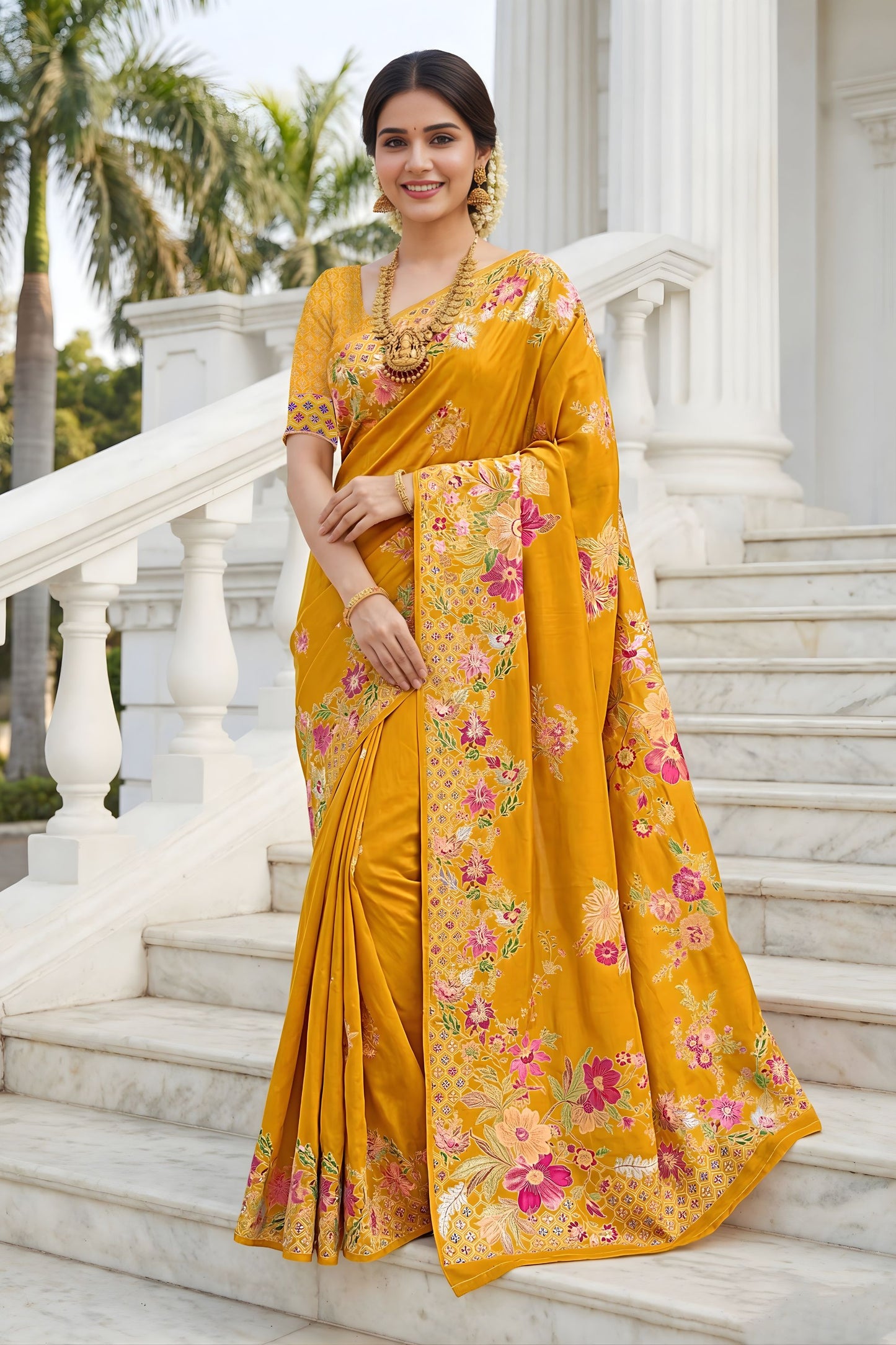Mustard Yellow Floral Printed Silk Saree Traditional Border Saree