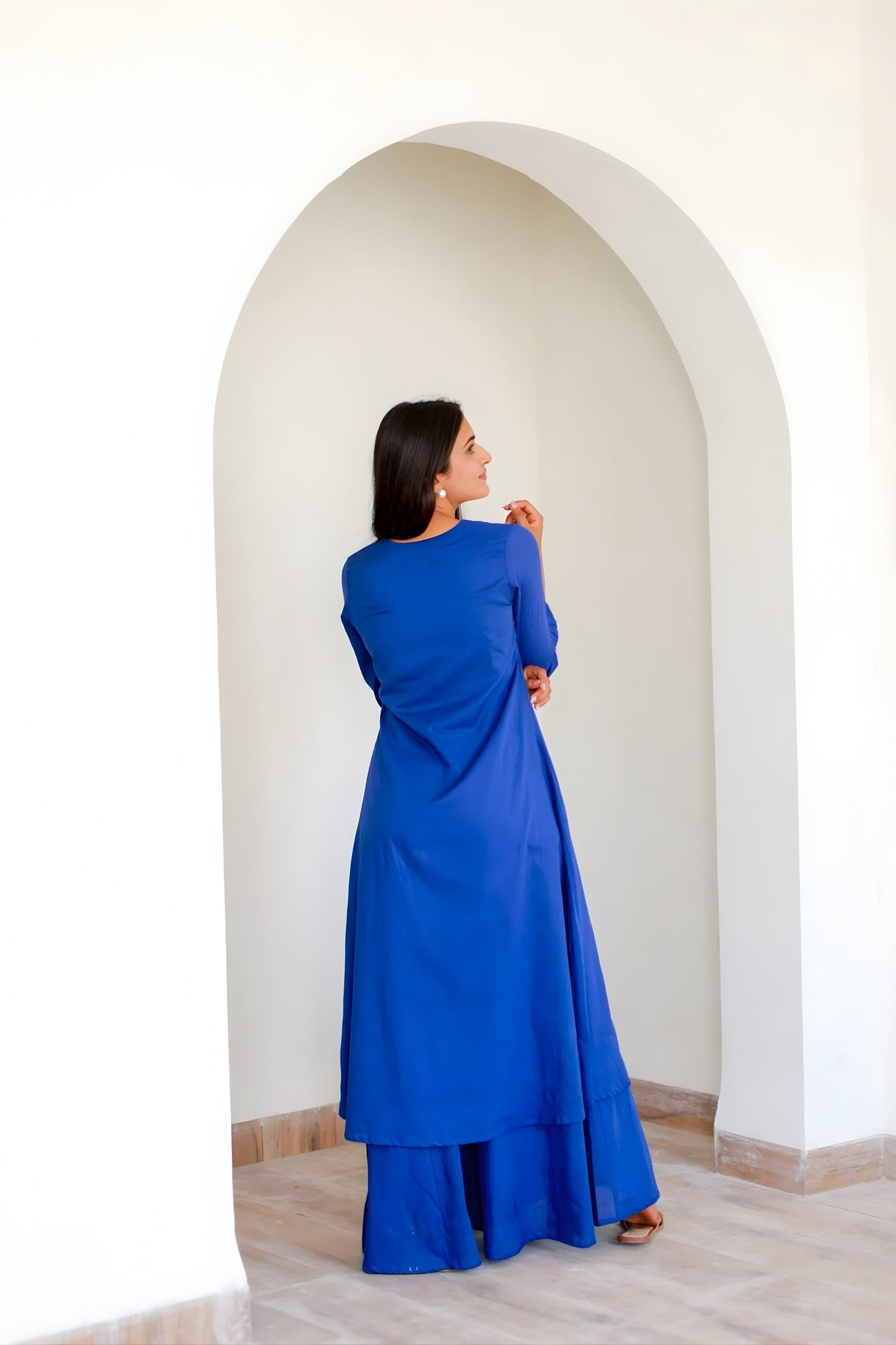 Stylish Royal Blue Cotton Co-Ord Set with V-Neck 3/4 Sleeve Kurta and Straight Pants