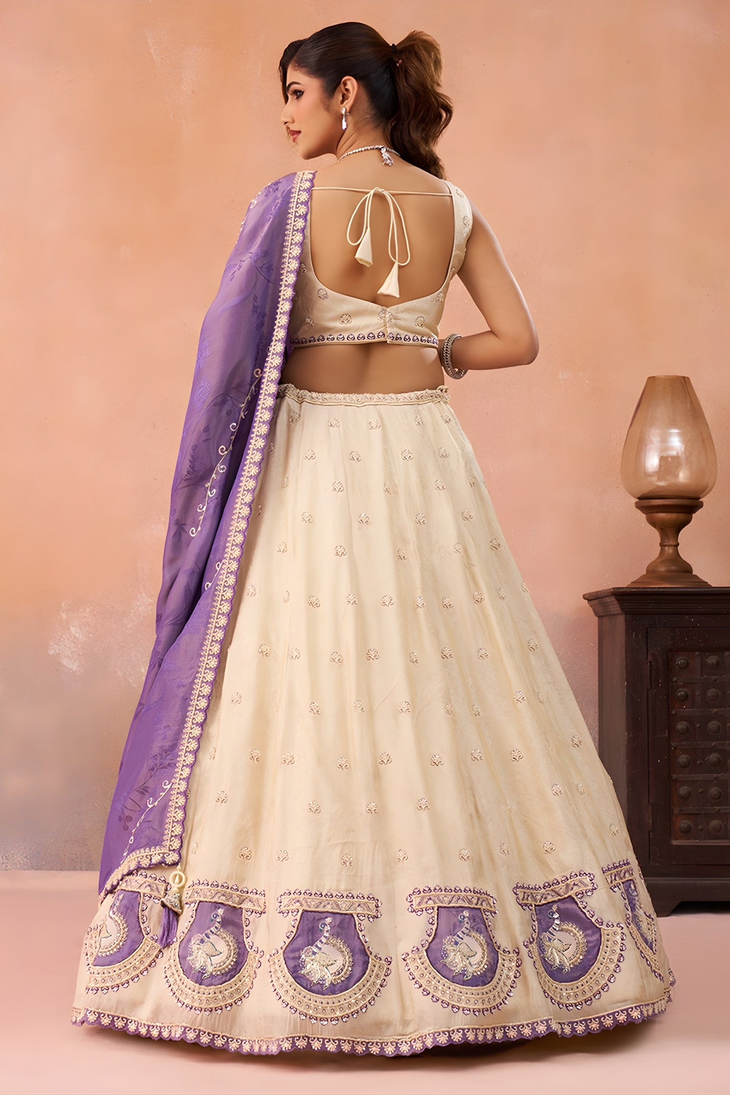 Elegant Cream Jacquard Silk Embroidered Lehenga Choli with Purple Dupatta