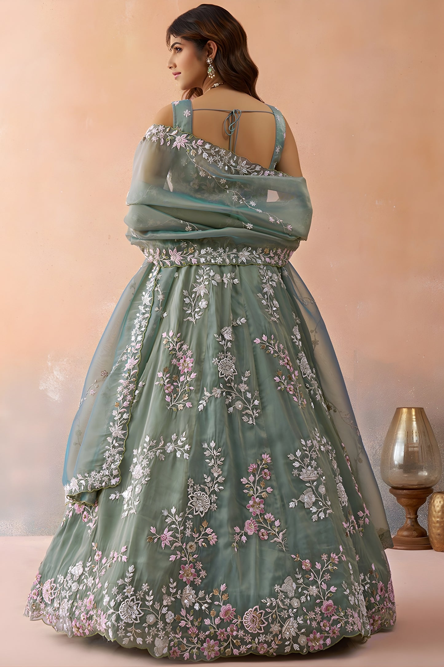Pretty Green Tissue Embroidered Wedding Lehenga Choli with Dupatta