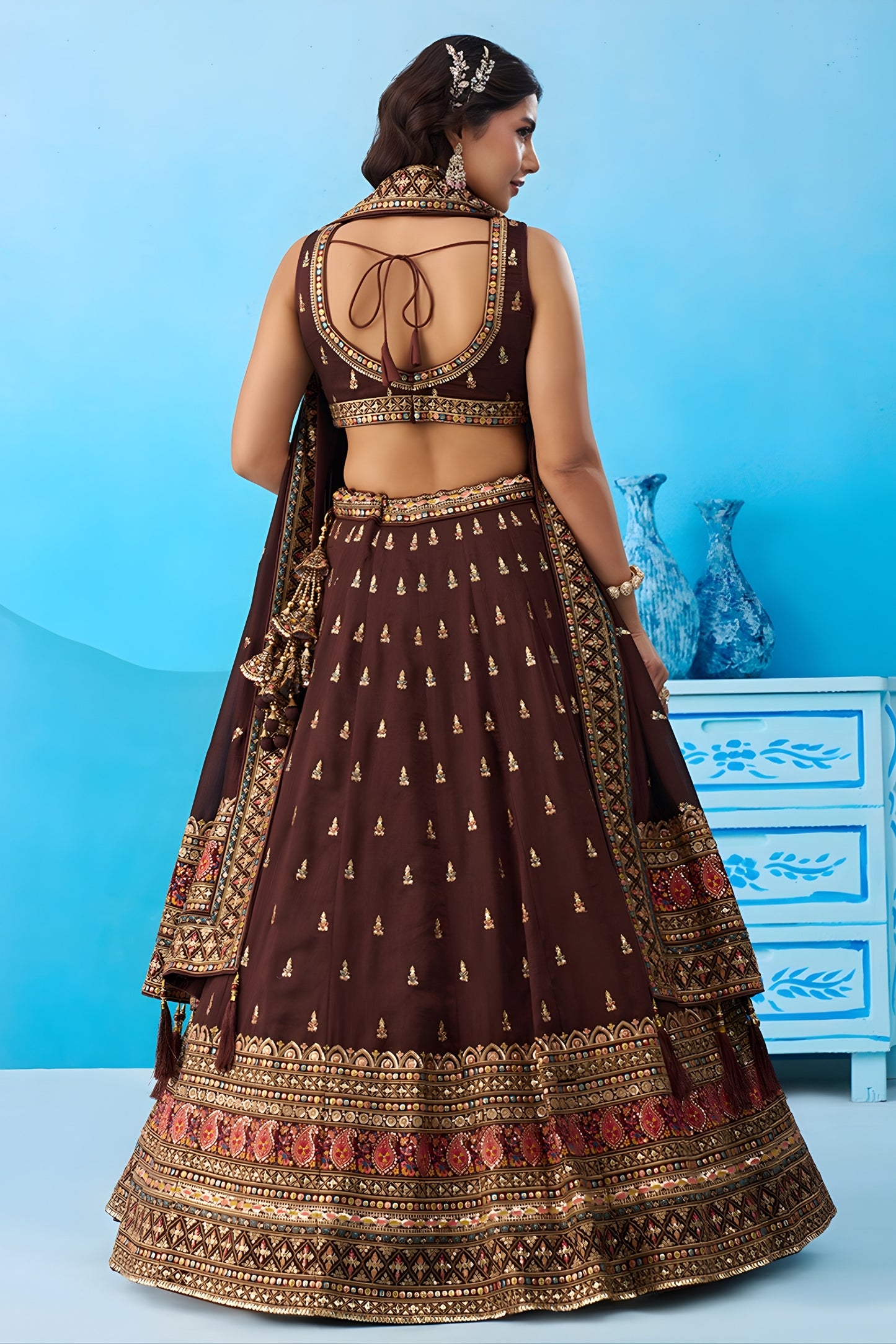 Adorable Chocolate Brown Chinon Embroidered Lehenga Choli with Dupatta