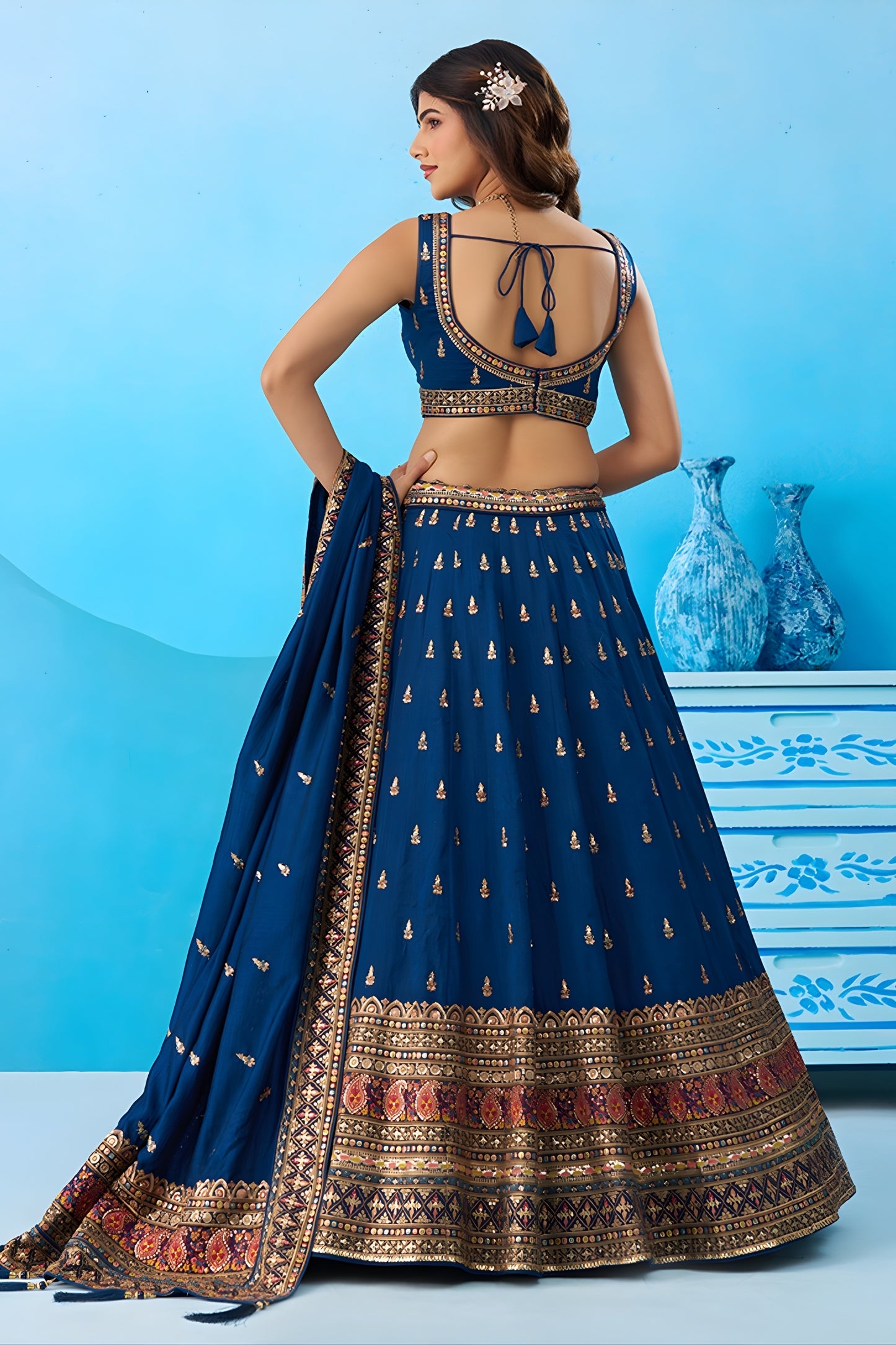 Wonderful Navy Blue Chinon Embroidered Lehenga Choli with Dupatta