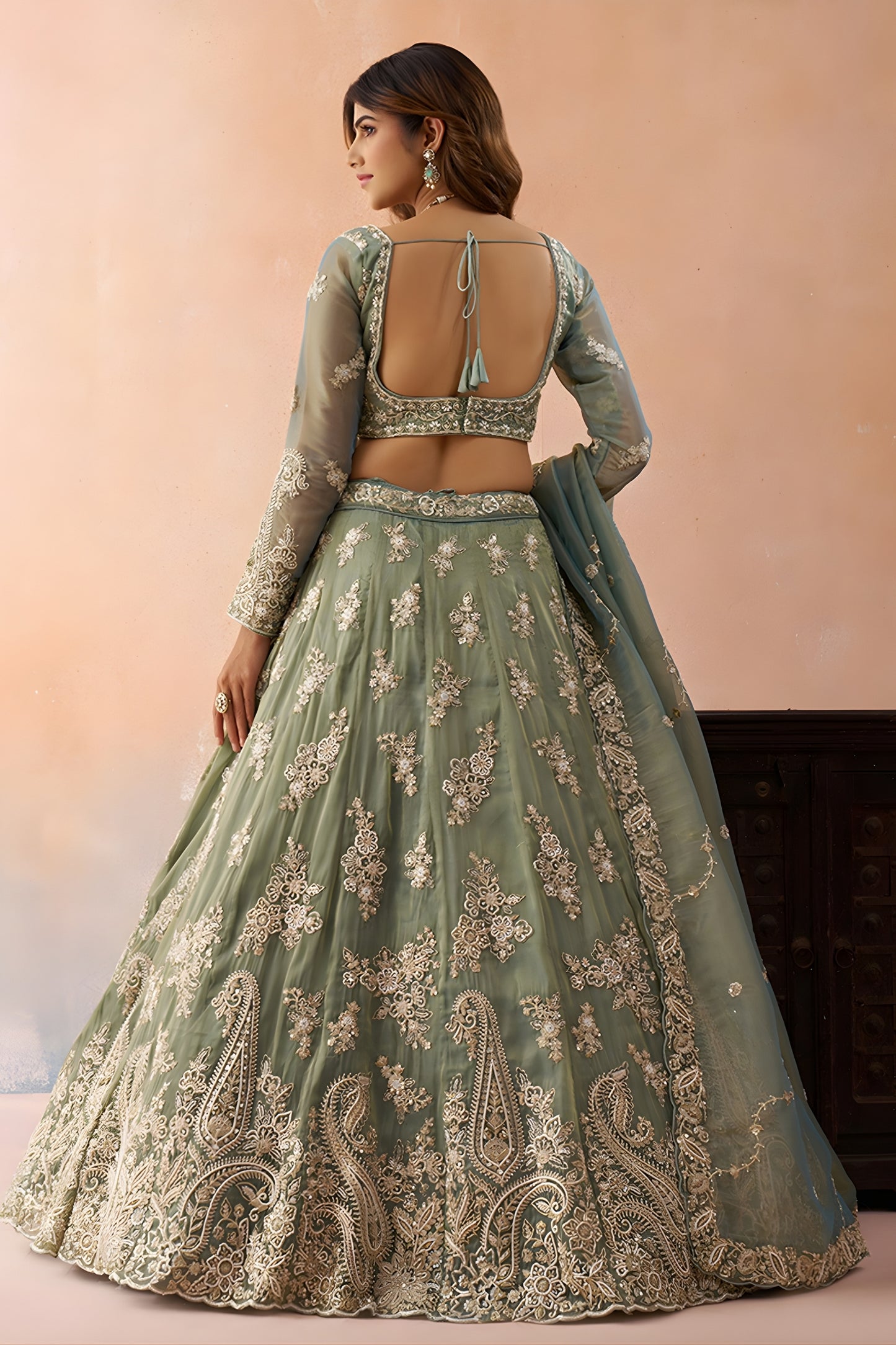 Premium Green Tissue Embroidered Wedding Lehenga Choli with Dupatta