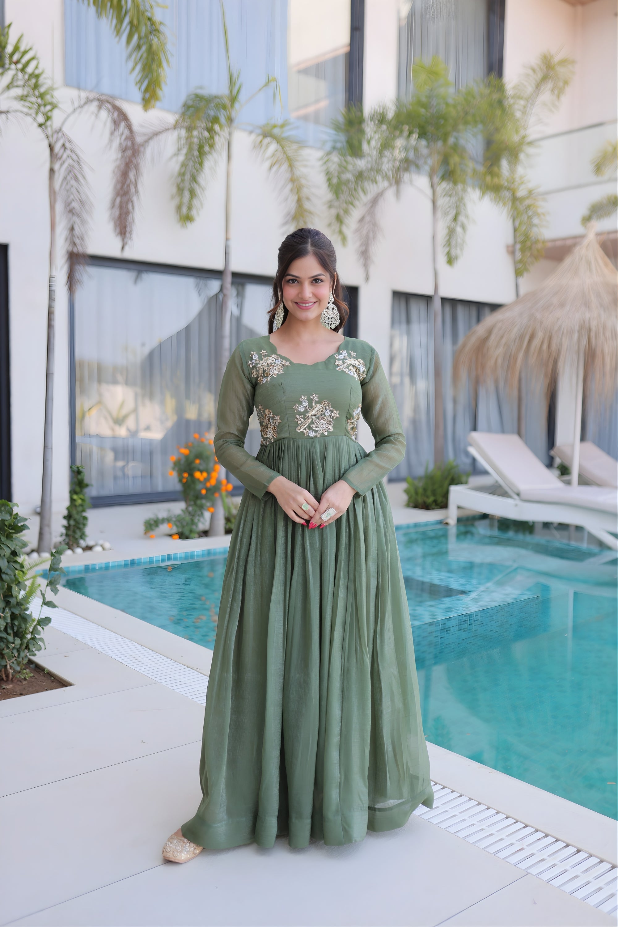 Beautiful Olive Green Silver Crunchy Embroidered Party Wear Gown for W Mangaldeep NX Beautiful Olive Green Silver Crunchy Embroidered Party Wear Gown for W Mangaldeep NX