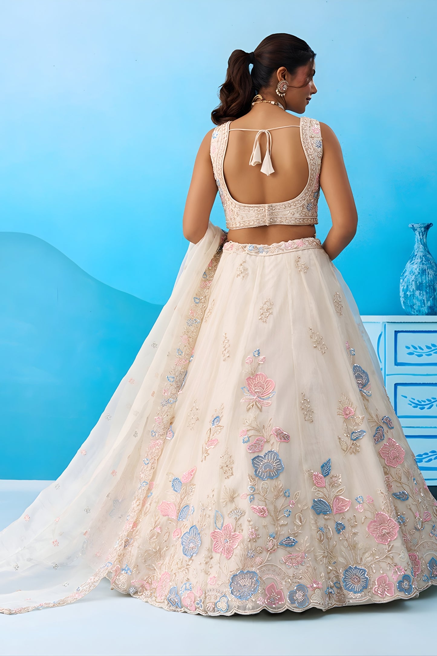 Fancy Off-White Tissue Floral Embroidered Lehenga Choli with Dupatta for Women