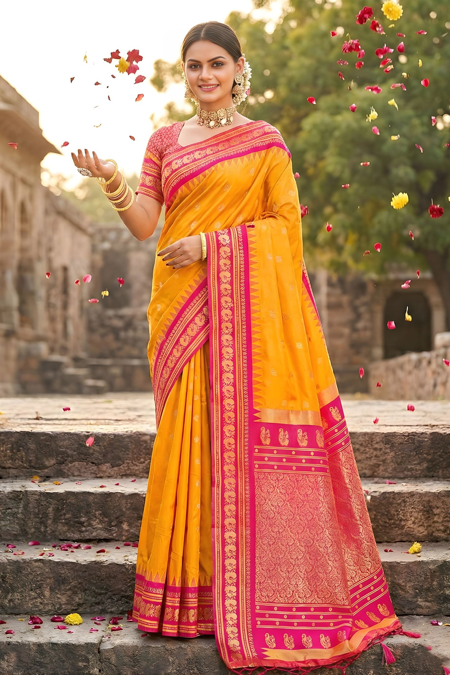 Mustard Yellow Pink Kanjivaram Silk Saree Zari Border Traditional Saree
