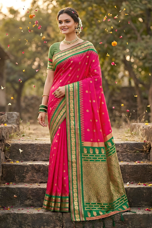 Rani Pink Green Kanjivaram Silk Saree Zari Border Traditional Saree