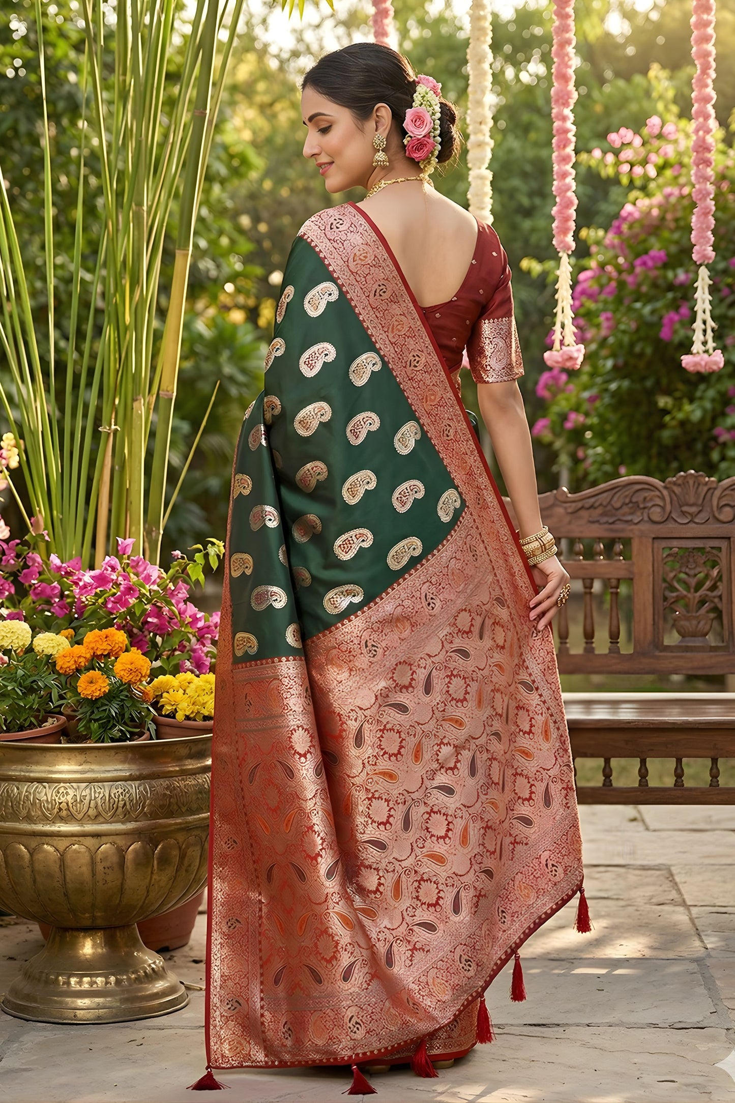 Dark Green Banarasi Silk Saree Rich Zari Border Motifs Traditional Saree