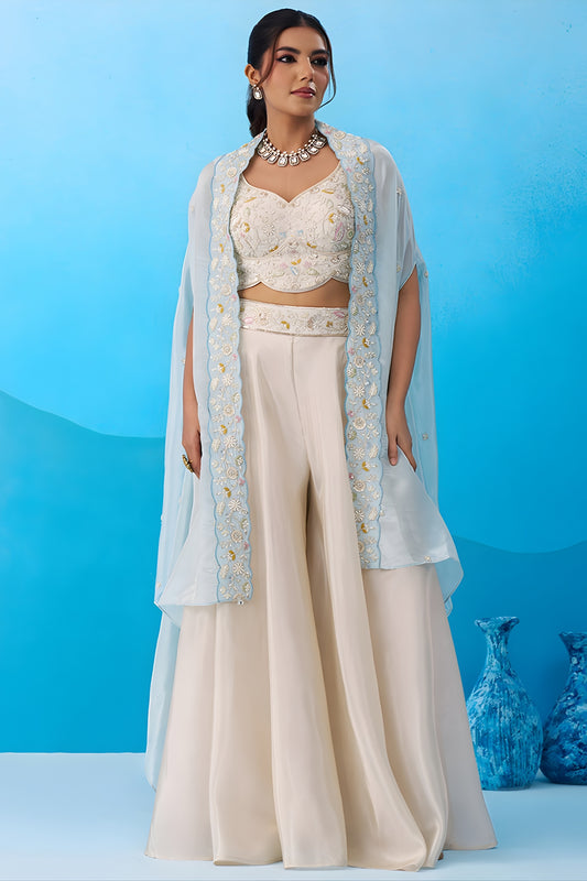 Elegant Cream Viscose Embroidered Crop Top Palazzo with Sky Blue Jacket for Women