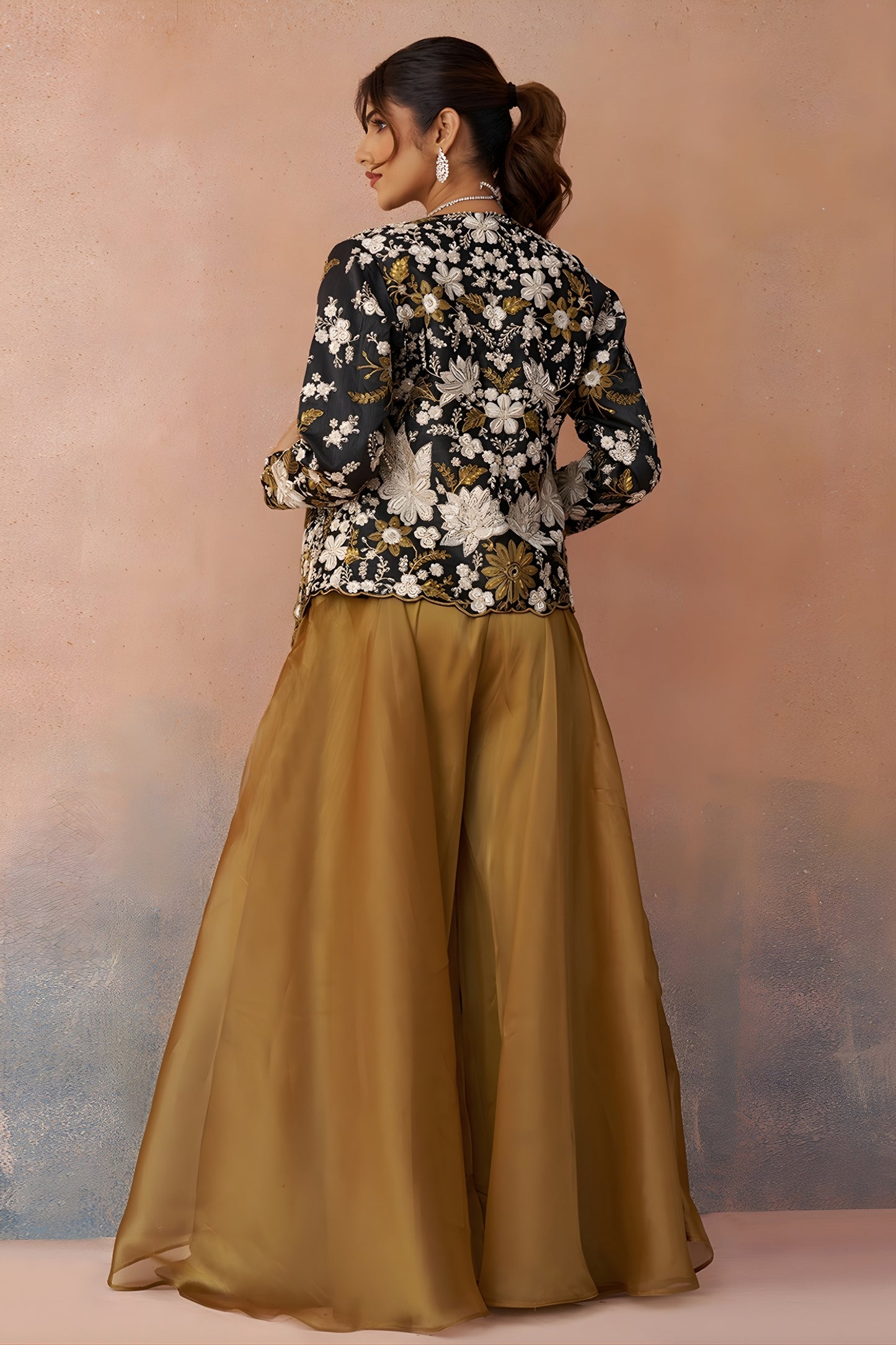 Stylish Mustard Tissue Crop Top Palazzo Set with Black Embroidered Jacket for Women