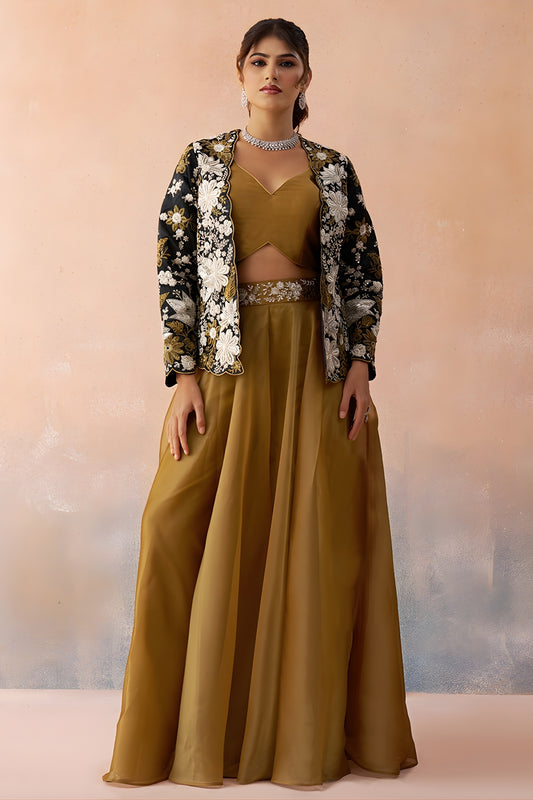 Stylish Mustard Tissue Crop Top Palazzo Set with Black Embroidered Jacket for Women