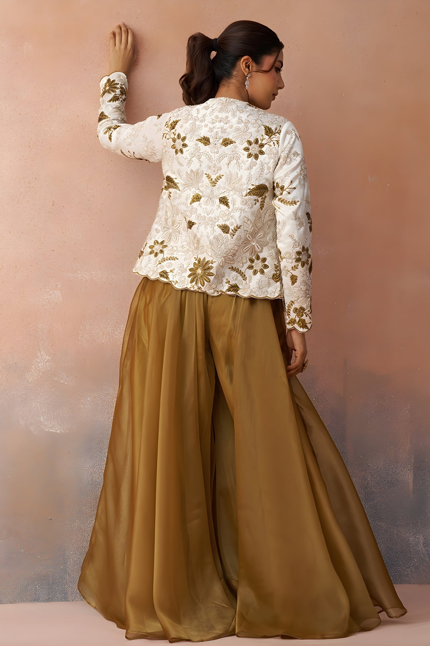 Beautiful Mustard Tissue Crop Top Palazzo Set with White Embroidered Jacket for Women