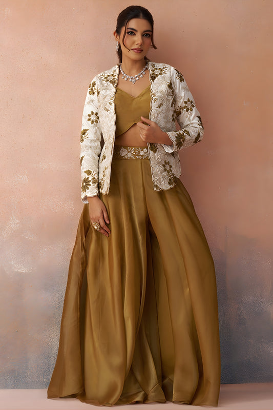 Beautiful Mustard Tissue Crop Top Palazzo Set with White Embroidered Jacket for Women
