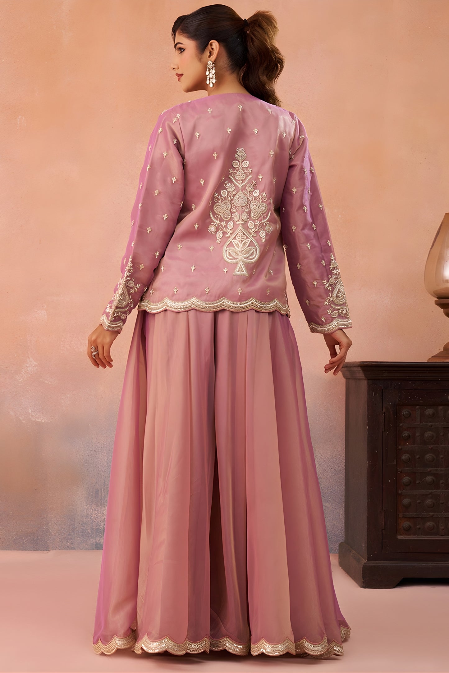 Superb Dusty Pink Tissue Party Wear Crop Top Palazzo Set with Embroidered Jacket
