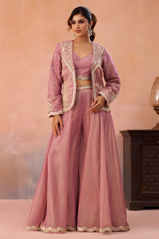 Superb Dusty Pink Tissue Party Wear Crop Top Palazzo Set with Embroidered Jacket