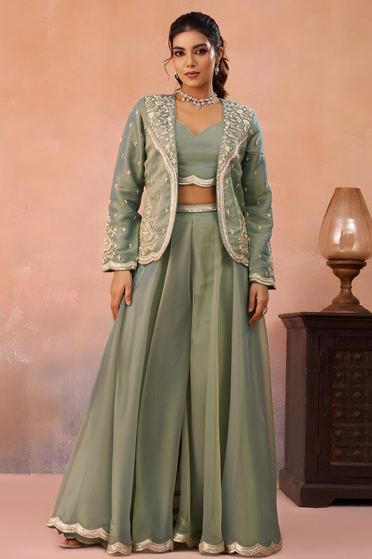 Wonderful Pista Green Tissue Party Wear Crop Top Palazzo Set with Embroidered Jacket