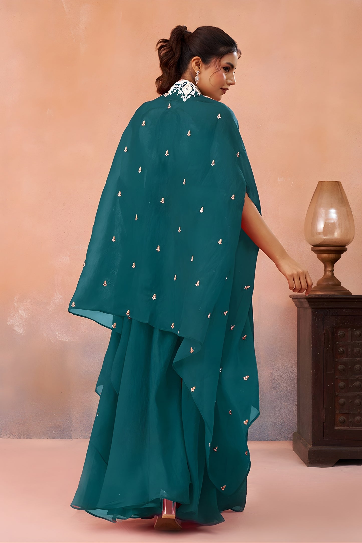 Trendy Teal Green Organza Party Wear Crop Top Palazzo Set with Embroidered Jacket