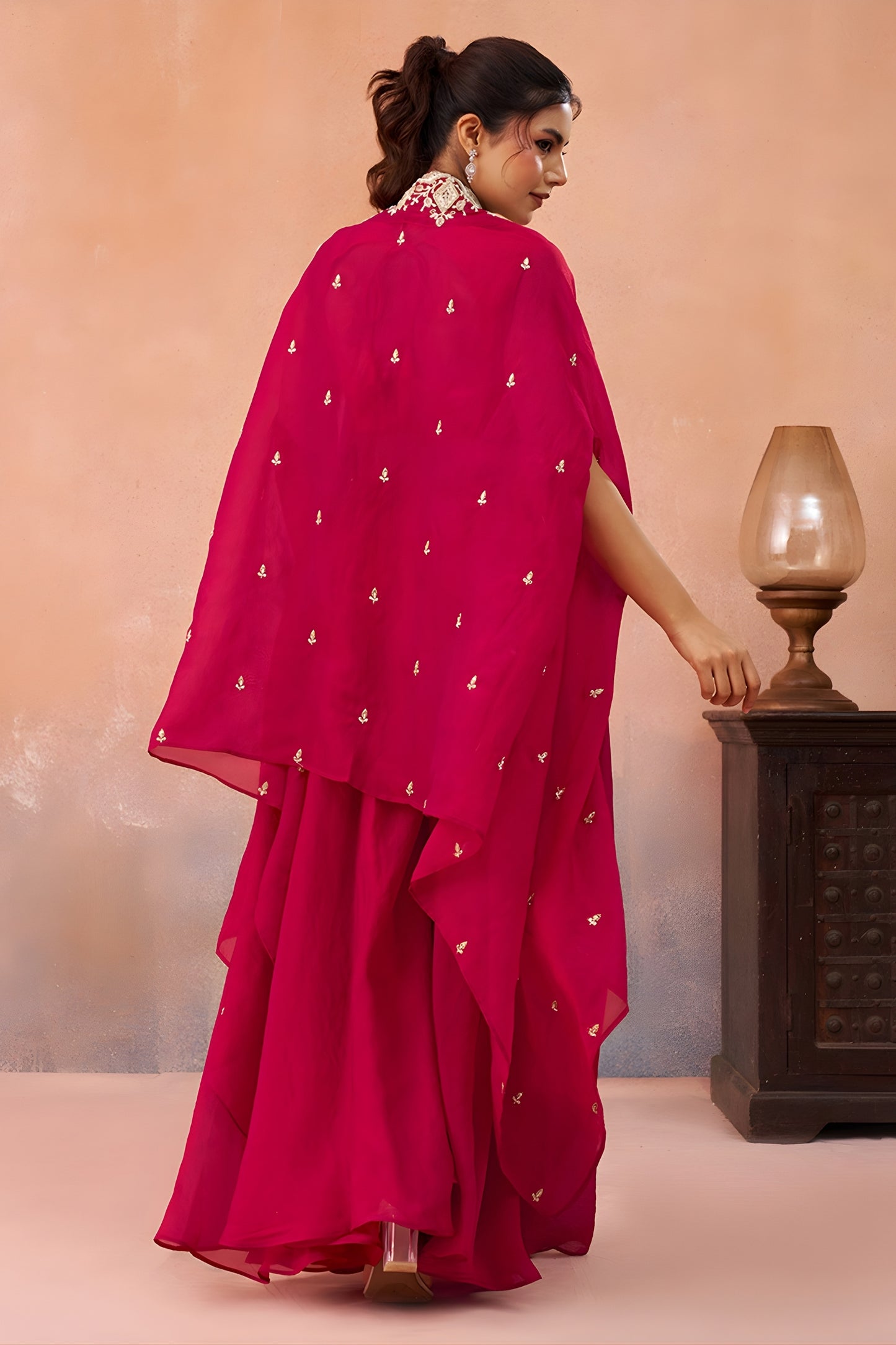 Lovely Rani Pink Organza Party Wear Crop Top Palazzo Set with Embroidered Jacket
