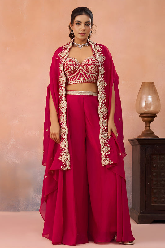 Lovely Rani Pink Organza Party Wear Crop Top Palazzo Set with Embroidered Jacket
