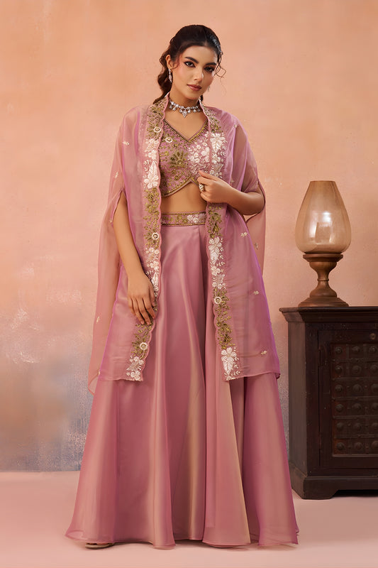 Fancy Pink Tissue Party Wear Crop Top Palazzo Set with Embroidered Jacket