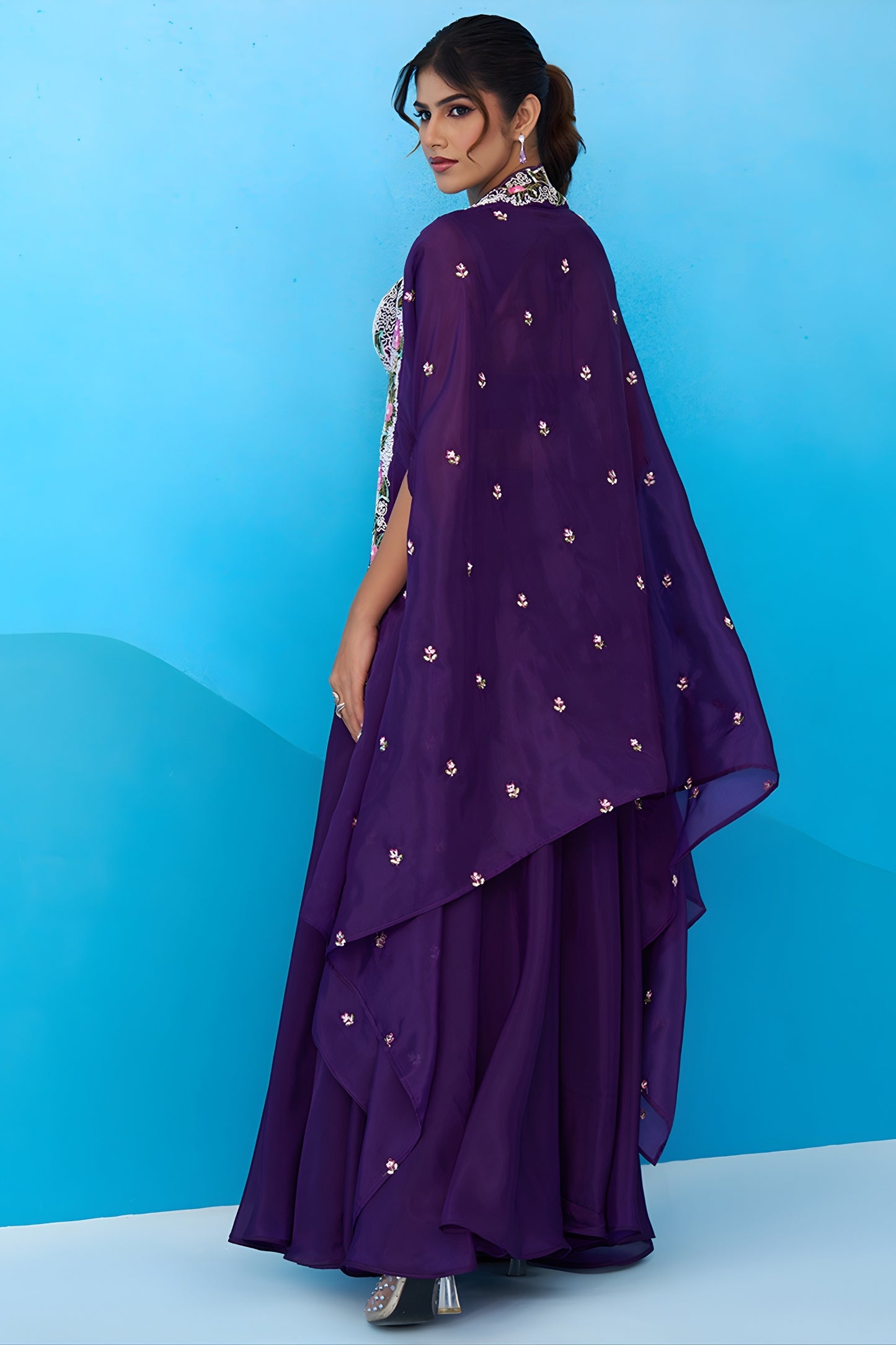 Adorable Purple Crepe Embroidered Crop Top Palazzo Set with Embroidered Jacket