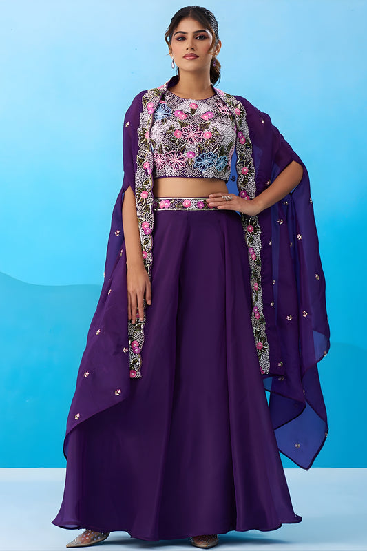 Adorable Purple Crepe Embroidered Crop Top Palazzo Set with Embroidered Jacket