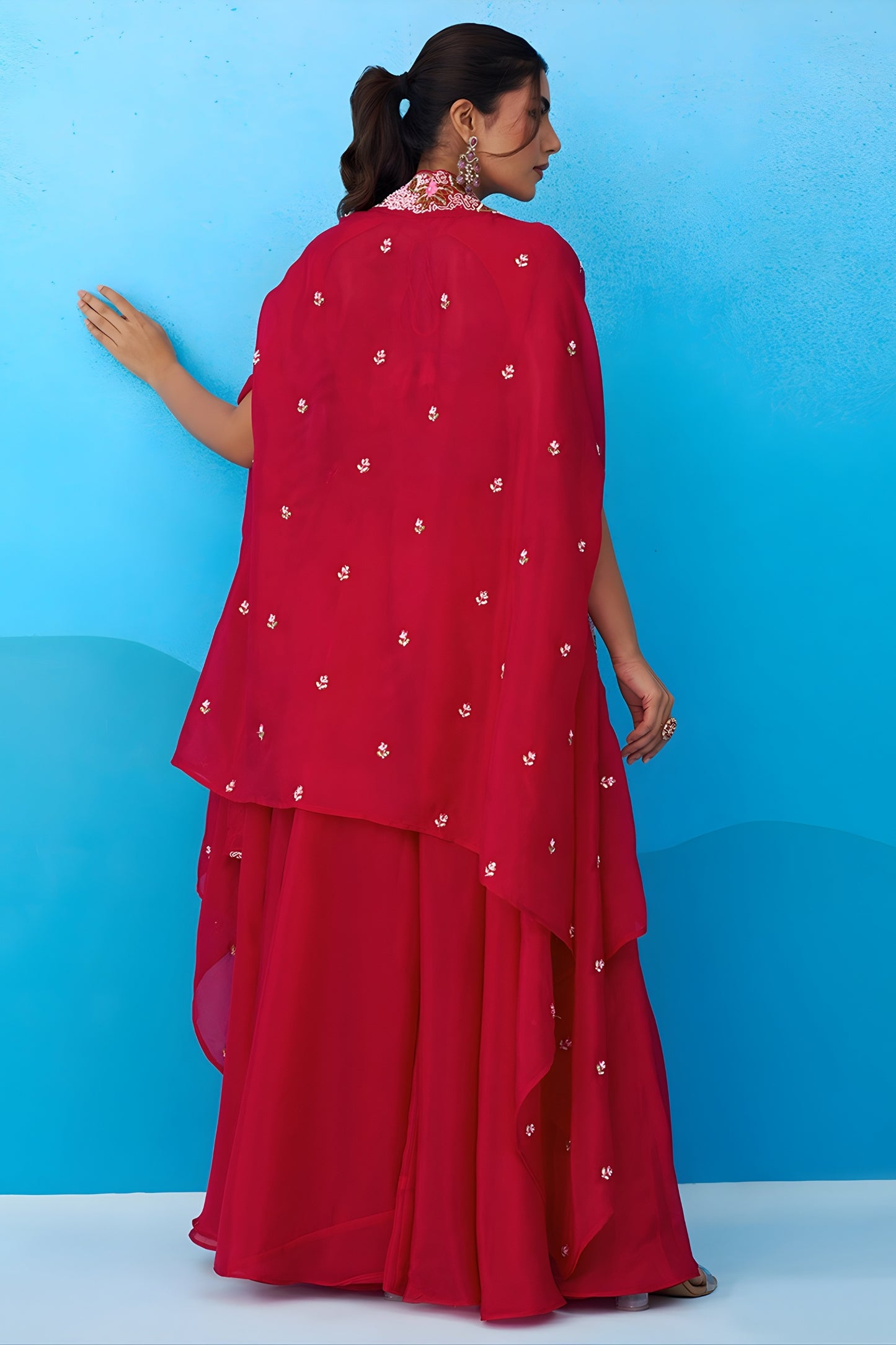 Outstanding Red Crepe Embroidered Crop Top Palazzo Set with Embroidered Jacket