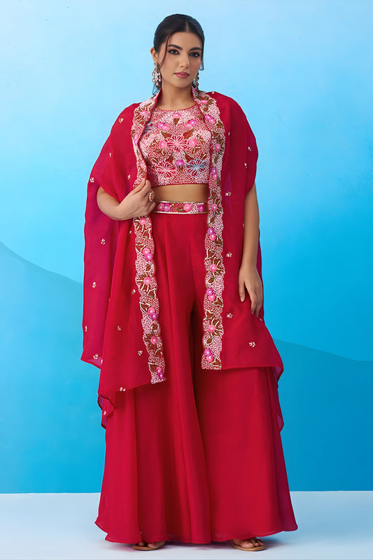 Outstanding Red Crepe Embroidered Crop Top Palazzo Set with Embroidered Jacket