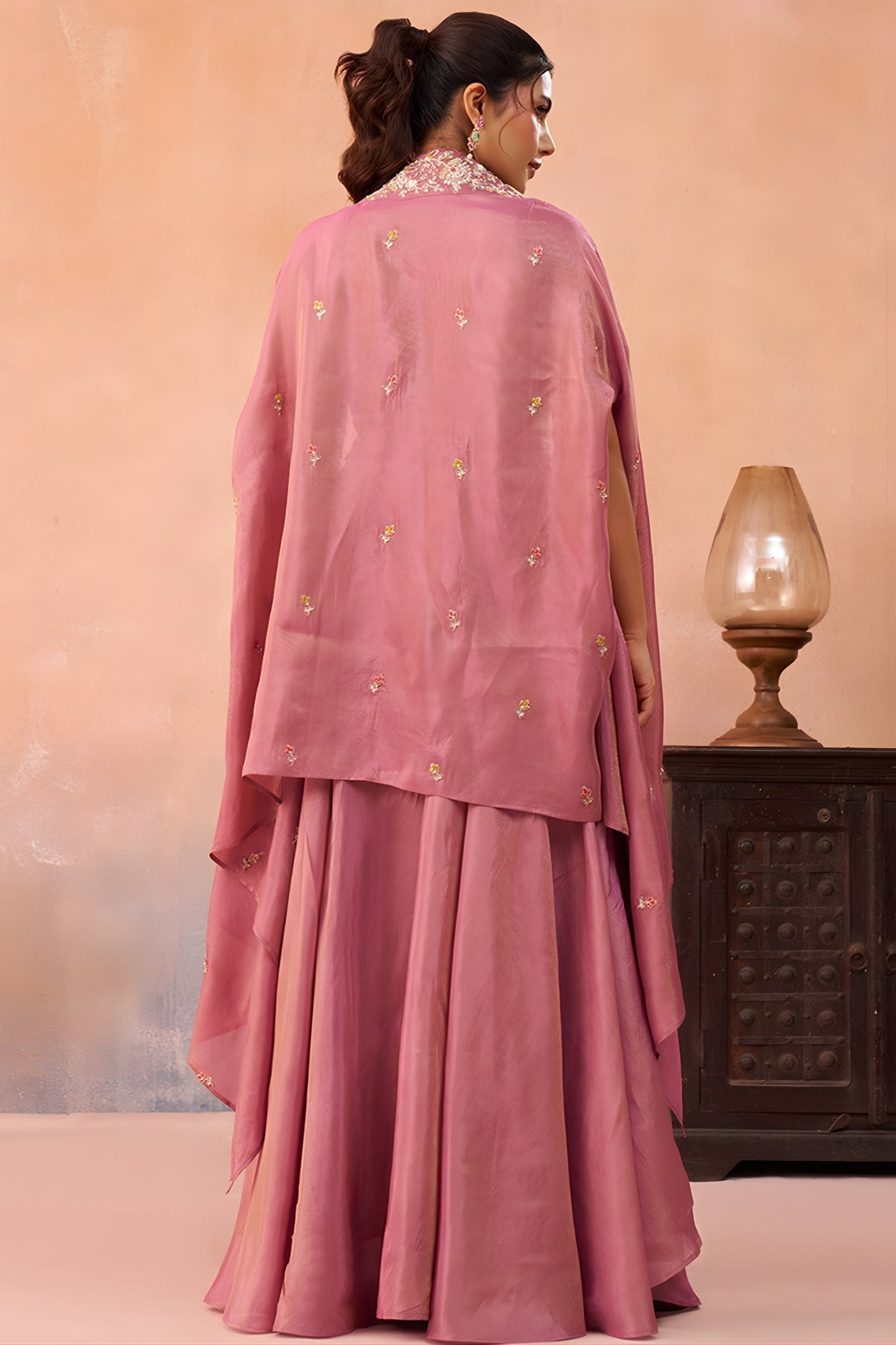 Gorgeous Pink Crepe Embroidered Crop Top Palazzo Set with Embroidered Jacket