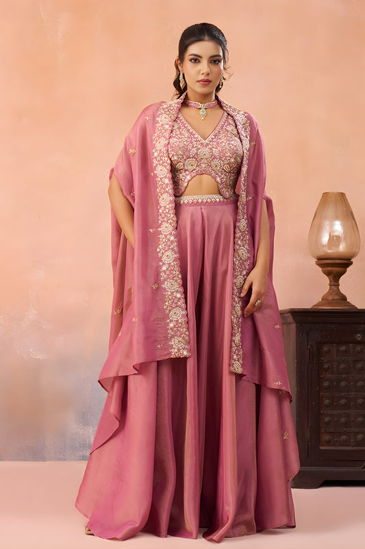 Gorgeous Pink Crepe Embroidered Crop Top Palazzo Set with Embroidered Jacket