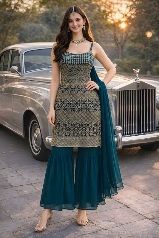 Fancy Rama Green Georgette Embroidered Party Wear Sharara Suit with Dupatta for Women