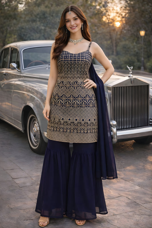 Elegant Navy Blue Georgette Embroidered Party Wear Sharara Suit with Dupatta for Women
