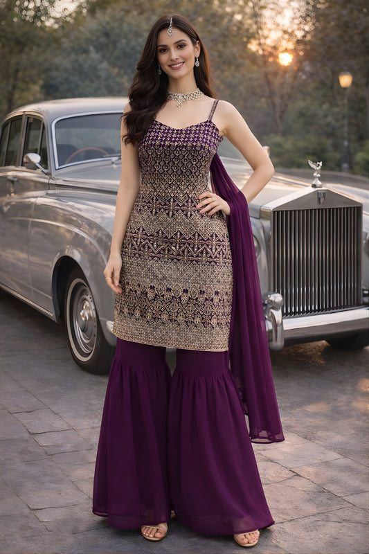 Superb Wine Georgette Embroidered Party Wear Sharara Suit with Dupatta for Women