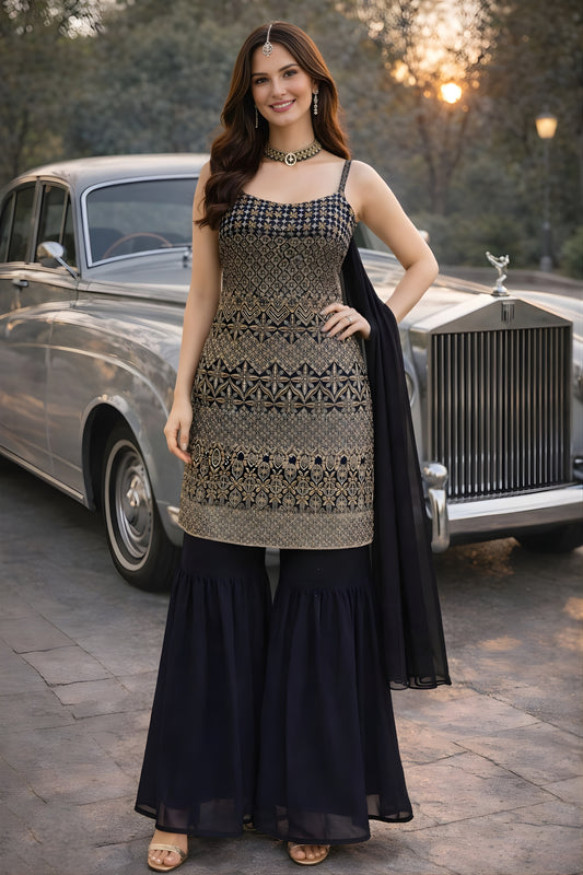 Stylish Black Georgette Embroidered Party Wear Sharara Suit with Dupatta for Women