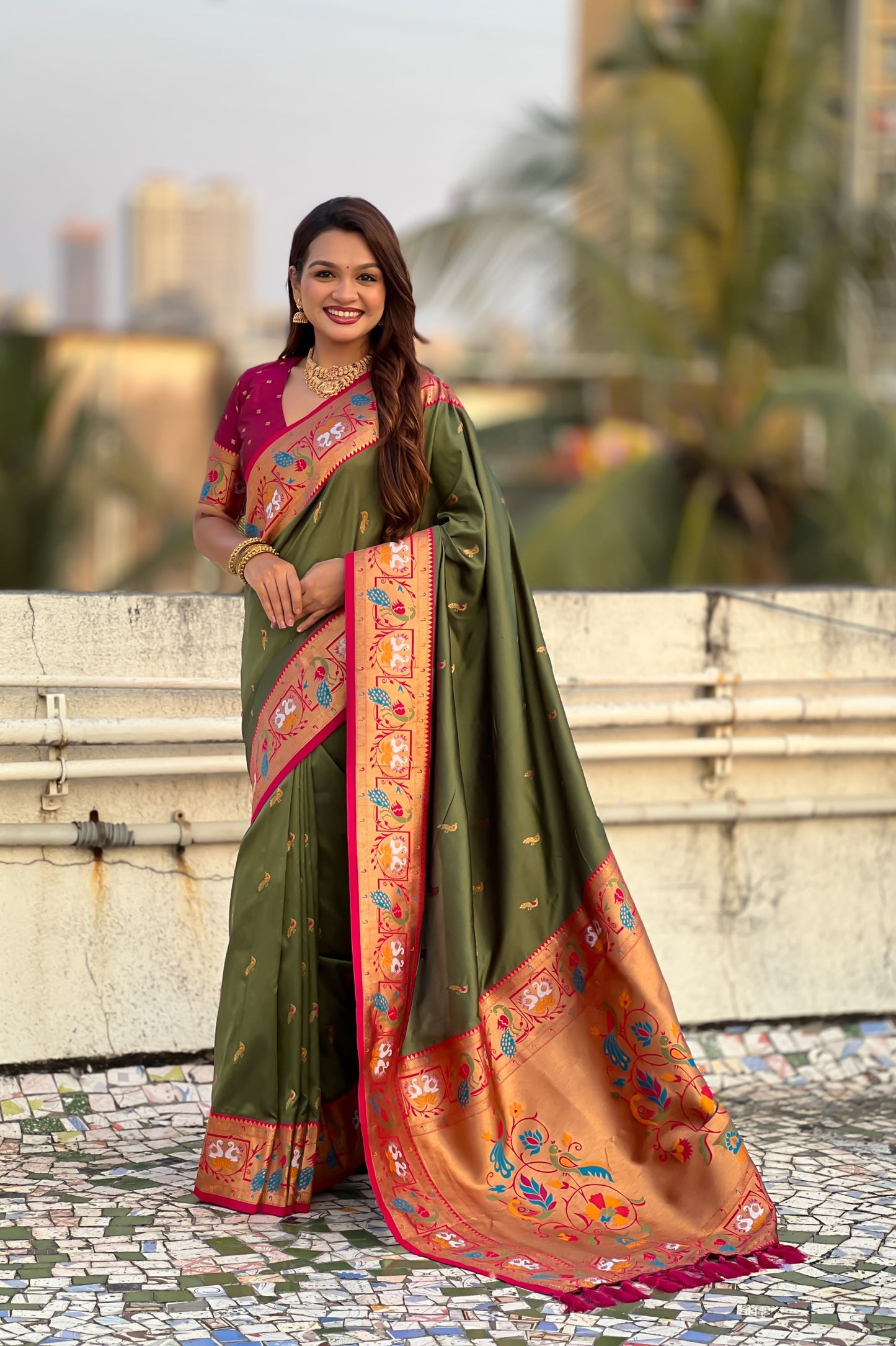 Olive Green Paithani Silk Saree Contrast Pink Blouse Peacock Zari Border