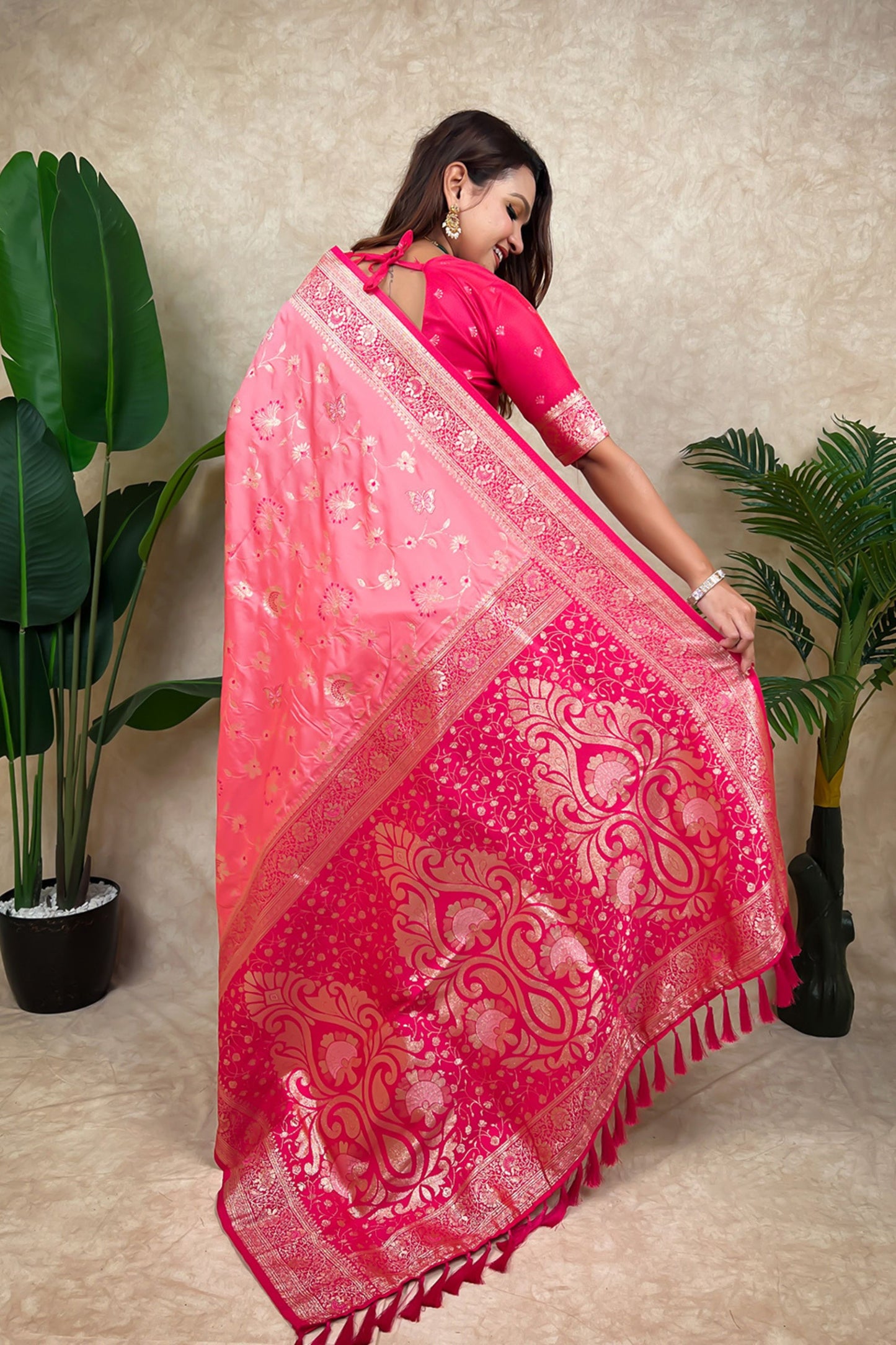 Pink Banarasi Silk Saree Rich Gold Zari Floral Design Contrast Red Pallu