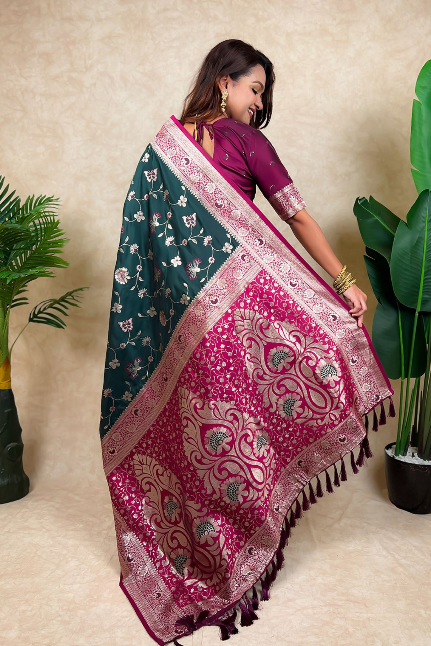 Dark Green Magenta Banarasi Silk Saree Zari Woven Floral Design