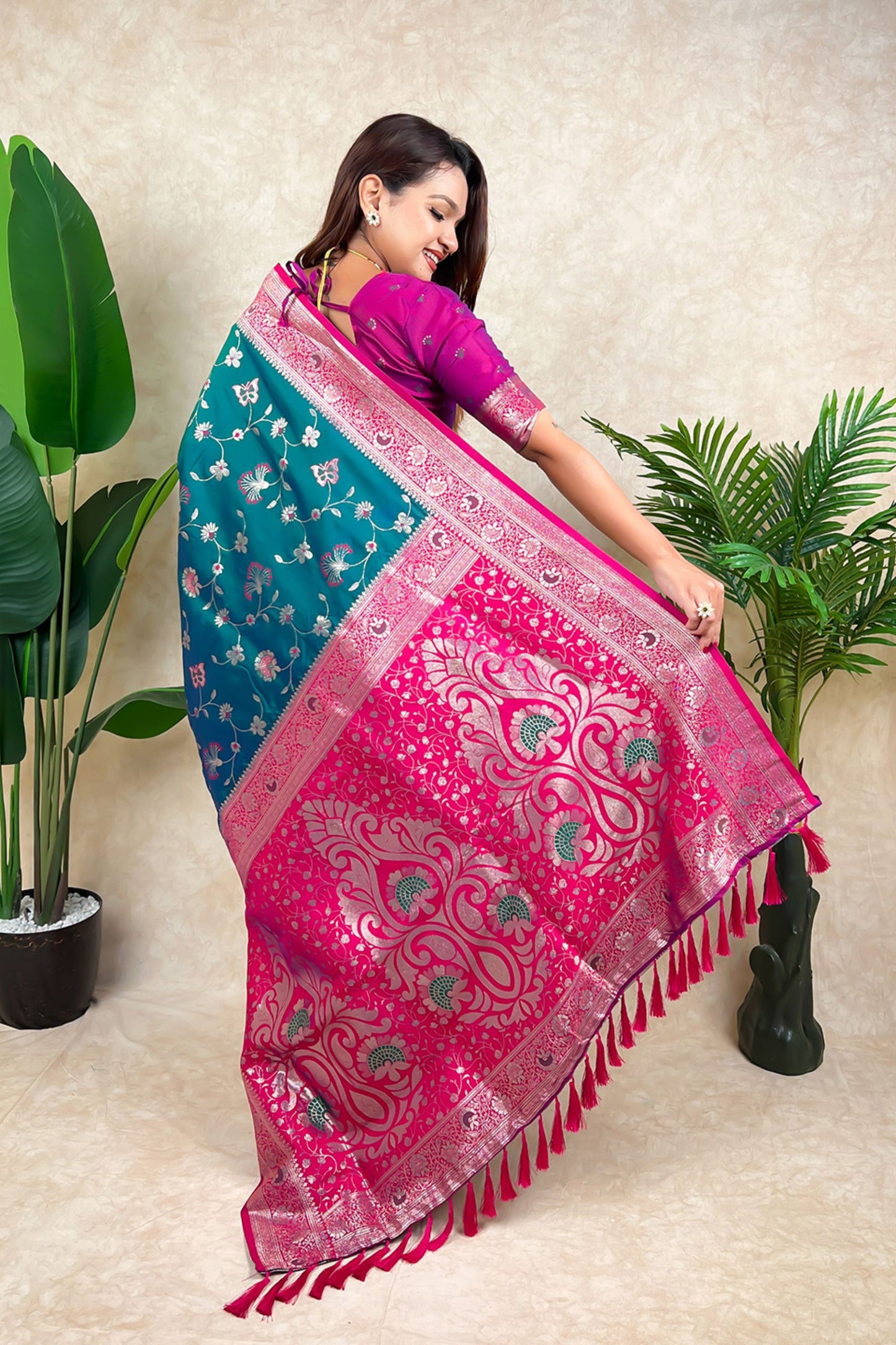 Teal Green Pink Banarasi Silk Saree Zari Floral Weaving Rich Contrast Pallu