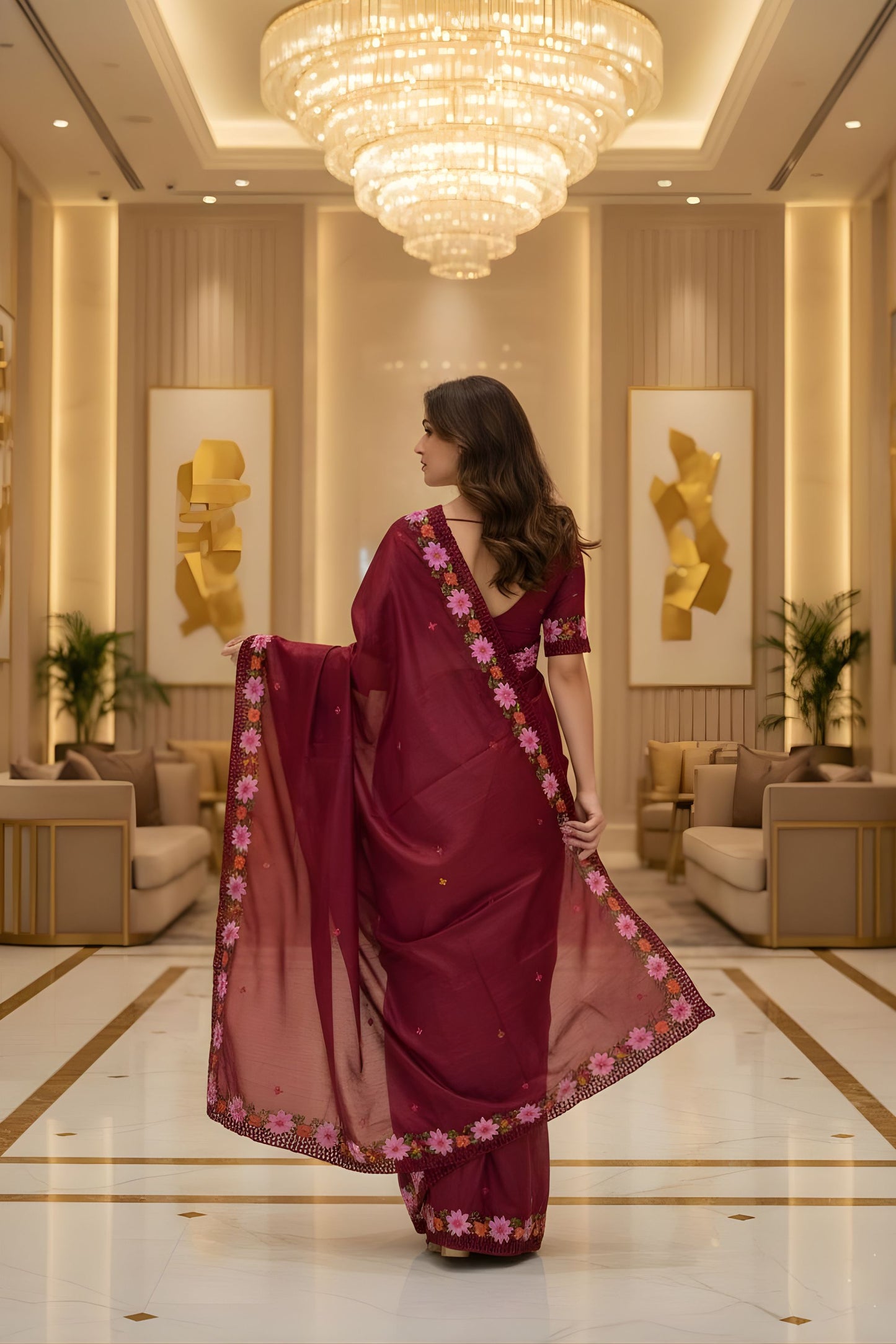 Wine Red Silk Saree Floral Embroidered Border Party Wear Saree